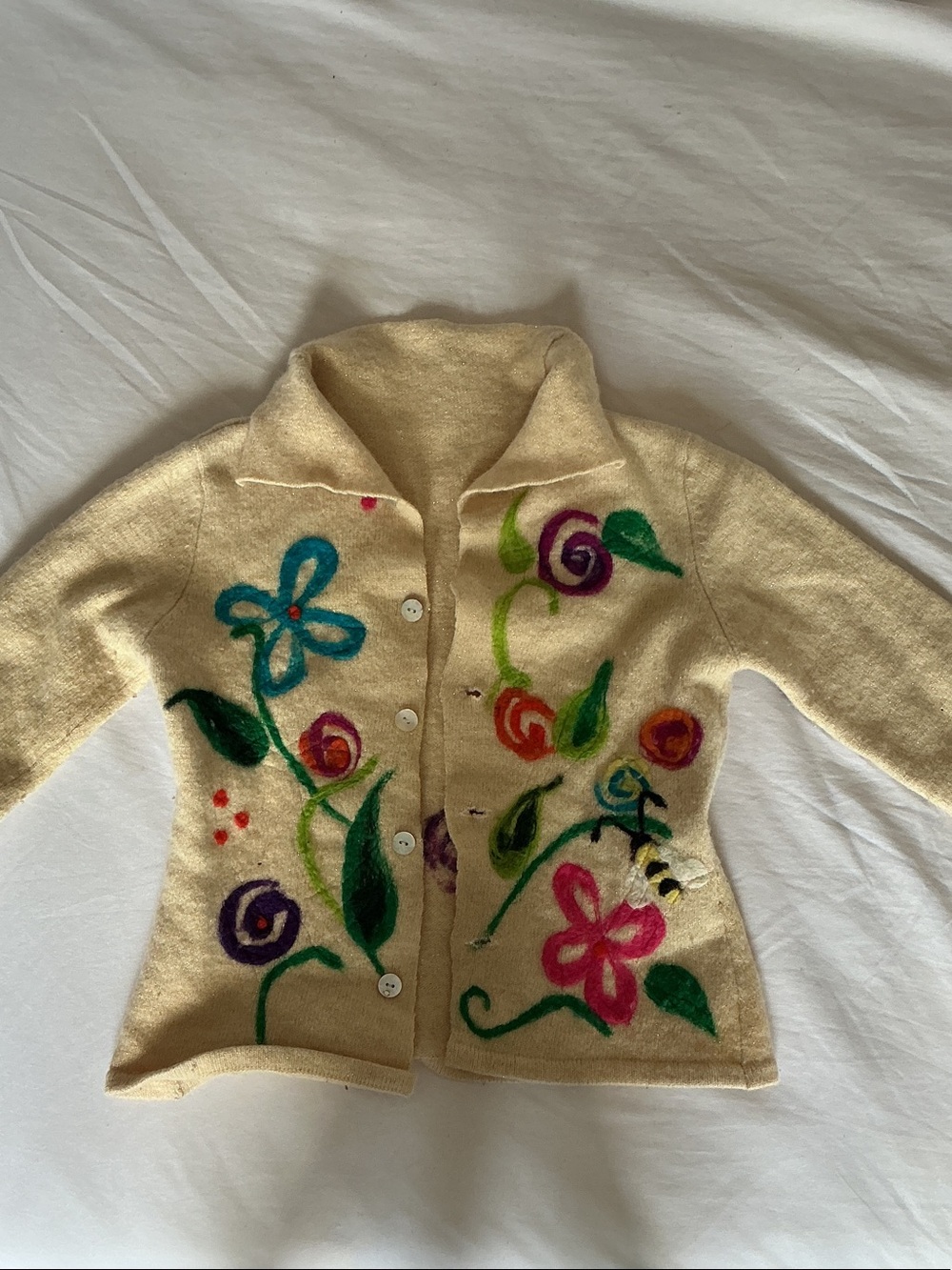 100% Wool Cream Floral Felted Kids Jacket